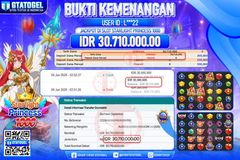 BUKTI WITHDRAW GTATOGEL KEMENANGAN JACKPOT DI SLOT STARLIGHT PRINCESS 1000 06 JUNI 2026