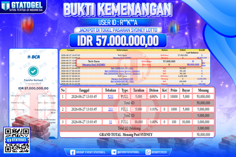 BUKTI WITHDRAW GTATOGEL KEMENANGAN JACKPOT DI TOGEL PASARAN SYDNEY LOTTO