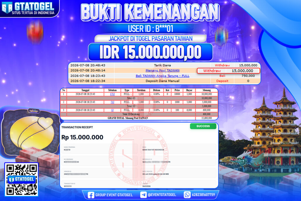 BUKTI WITHDRAW GTATOGEL KEMENANGAN JACKPOT DI TOGEL PASARAN TAIWAN