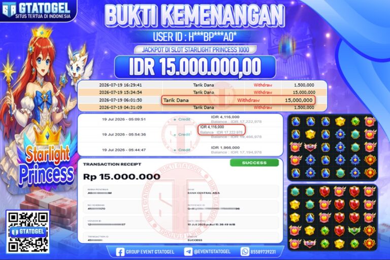 BUKTI WITHDRAW GTATOGEL KEMENANGAN JACKPOT DI SLOT STARLIGHT PIRINCESS 1000
