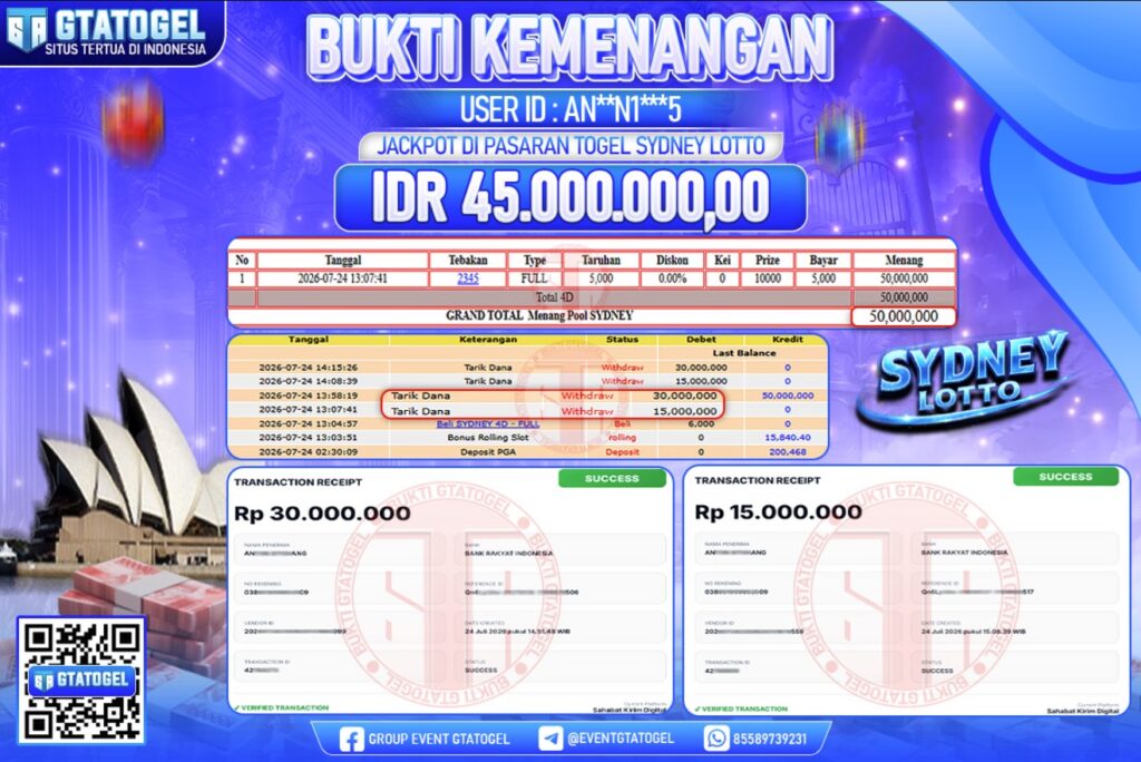 BUKTI WITHDRAW GTATOGEL KEMENANGAN JACKPOT DI PASARAN TOGEL SYDNEY LOTTO
