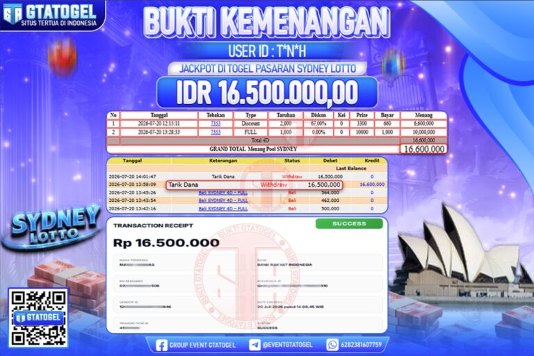 BUKTI WITHDRAW GTATOGEL KEMENANGAN JACKPOT DI TOGEL PASARAN SYDNEY LOTTO