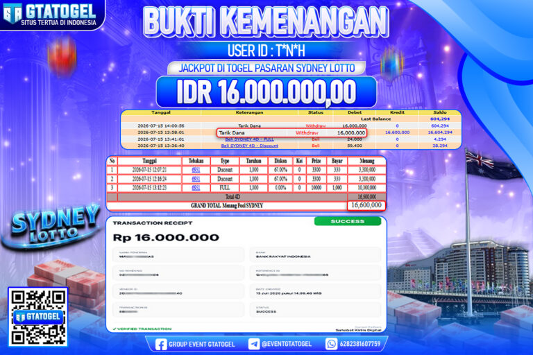 BUKTI WITHDRAW GTATOGEL KEMENANGAN JACKPOT DI TOGEL PASARAN SYDNEY LOTTO