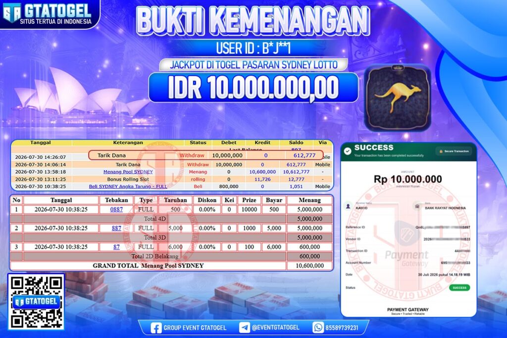 BUKTI WITHDRAW GTATOGEL KEMENANGAN JACKPOT DI TOGEL PASARAN SYDNEY LOTTO