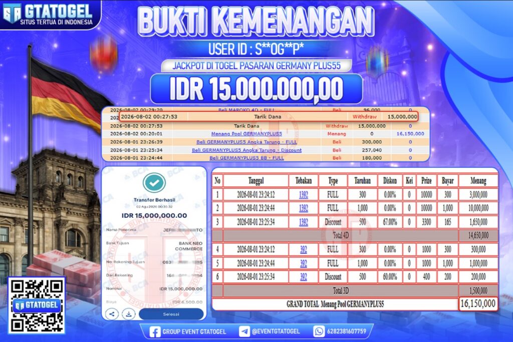 BUKTI WITHDRAW GTATOGEL KEMENANGAN JACKPOT DI TOGEL PASARAN GERMANY PLUS55